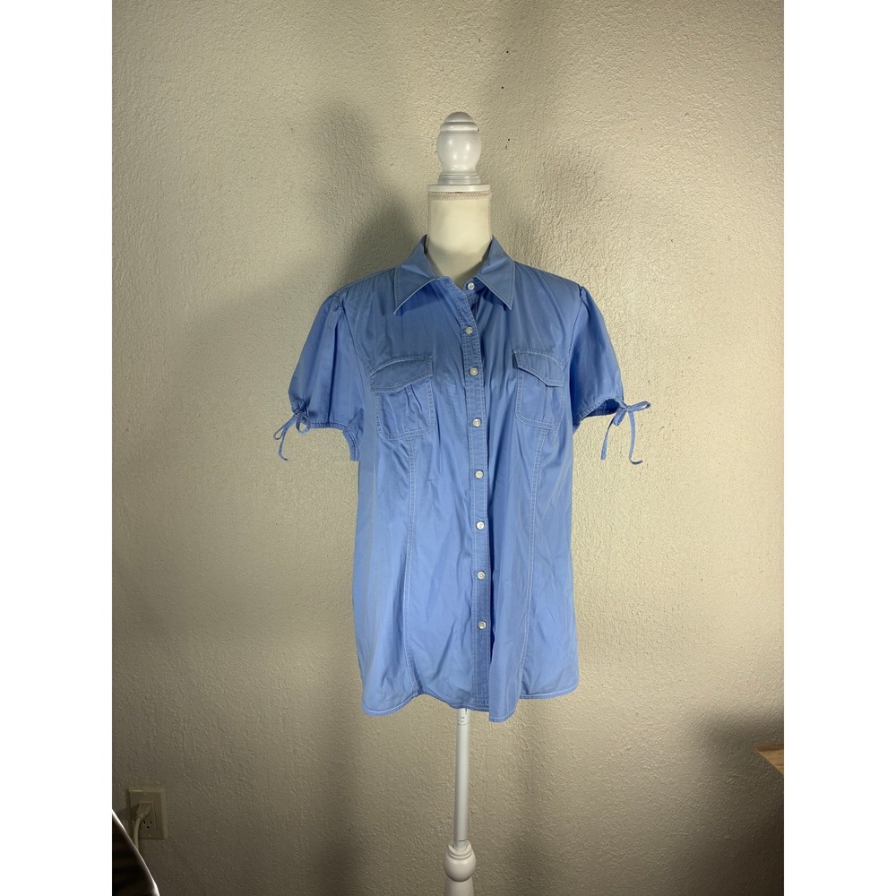 Short Sleeve Button Down Tie Cuff Shirt Blue Contrast Stitch Pockets Small